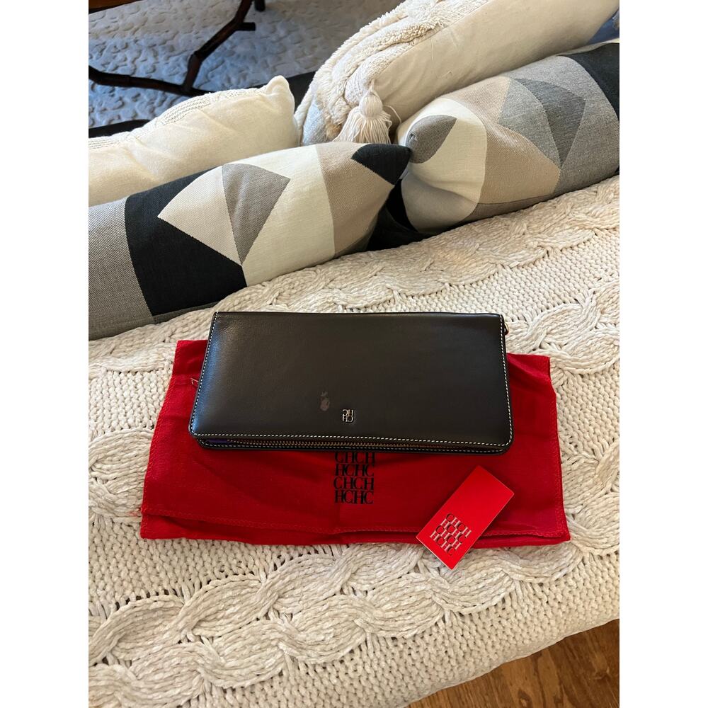 Carolina Herrera Long Leather Wallet in Dark Brown with Purple interior lining.✨